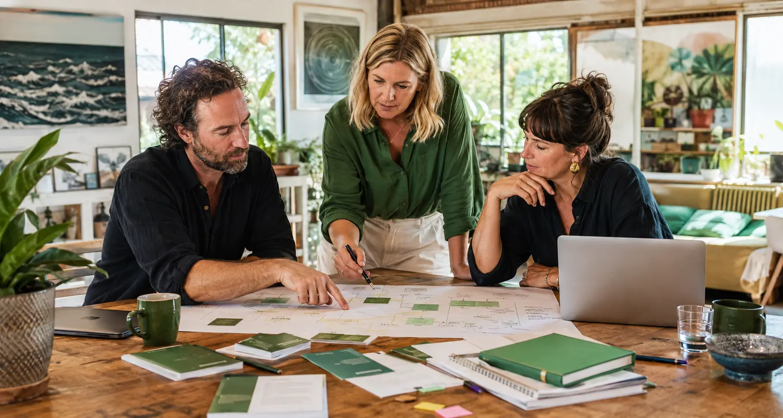 Three experienced leaders reviewing an AI readiness and governance map in a warm Northern Rivers studio