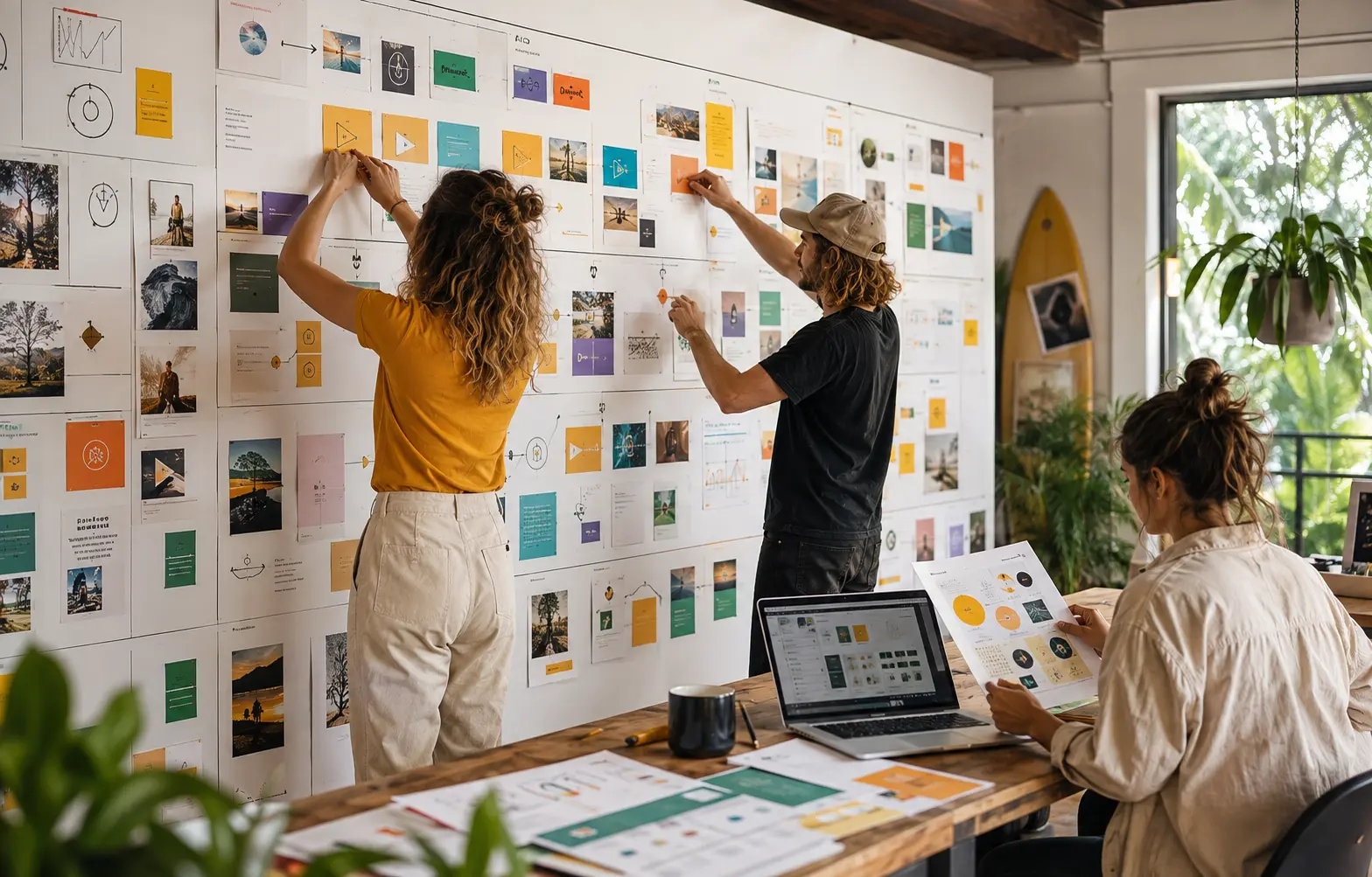 Three people building an AI marketing system across a gold-led campaign wall in a bright Northern Rivers creative studio
