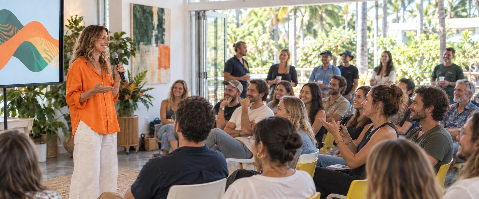 AI-generated scene of a speaker and an engaged audience at a bright Byron-style AI event